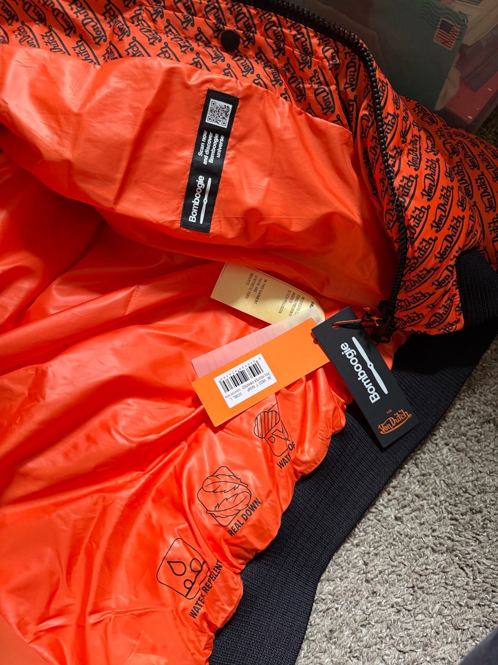 Von Dutch Orange All-Over Logo Puffer Jacket with Fur-Trim Hood - Picture 7 of 7